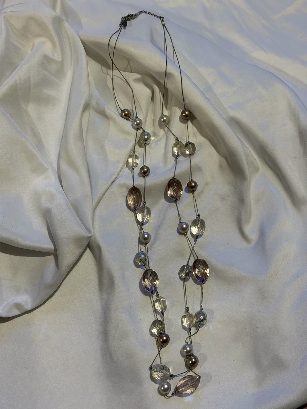 Long Multi-Strand Crystal and Pearl Accent Necklace - Taupe/Clear